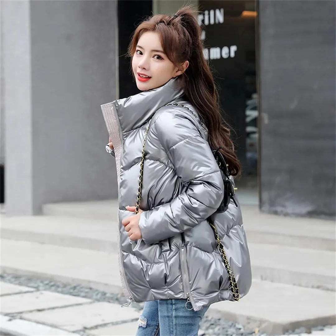 Women's Down Jacket Glossy Loose Cotton Padded Coat Stand Collar