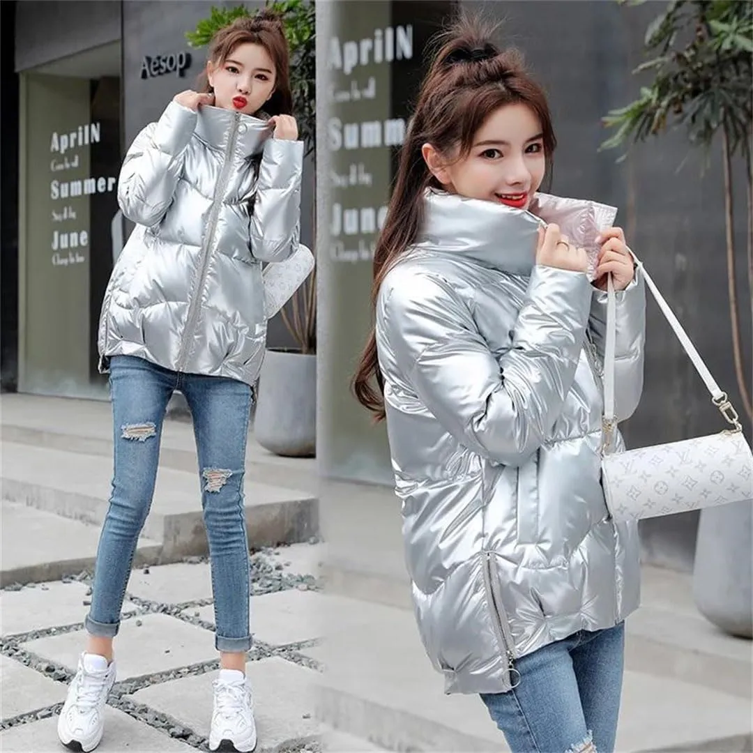 Women's Down Jacket Glossy Loose Cotton Padded Coat Stand Collar