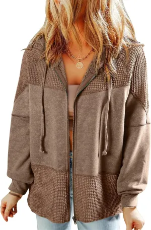 Women's Drawstring Waffle Hoodies Oversized Zip Up Patchwork Jackets Fall Casual Long Sleeve Vintage Outwear Coats