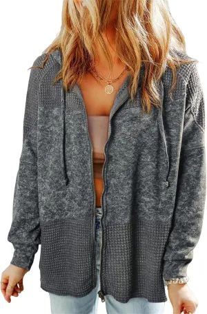 Women's Drawstring Waffle Hoodies Oversized Zip Up Patchwork Jackets Fall Casual Long Sleeve Vintage Outwear Coats