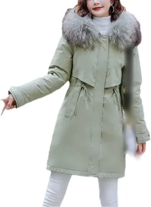 Women's Fashion Winter Jacket Fur Lining Cotton Padded Parka Coat Winter Hooded Jacket Warm Jacket