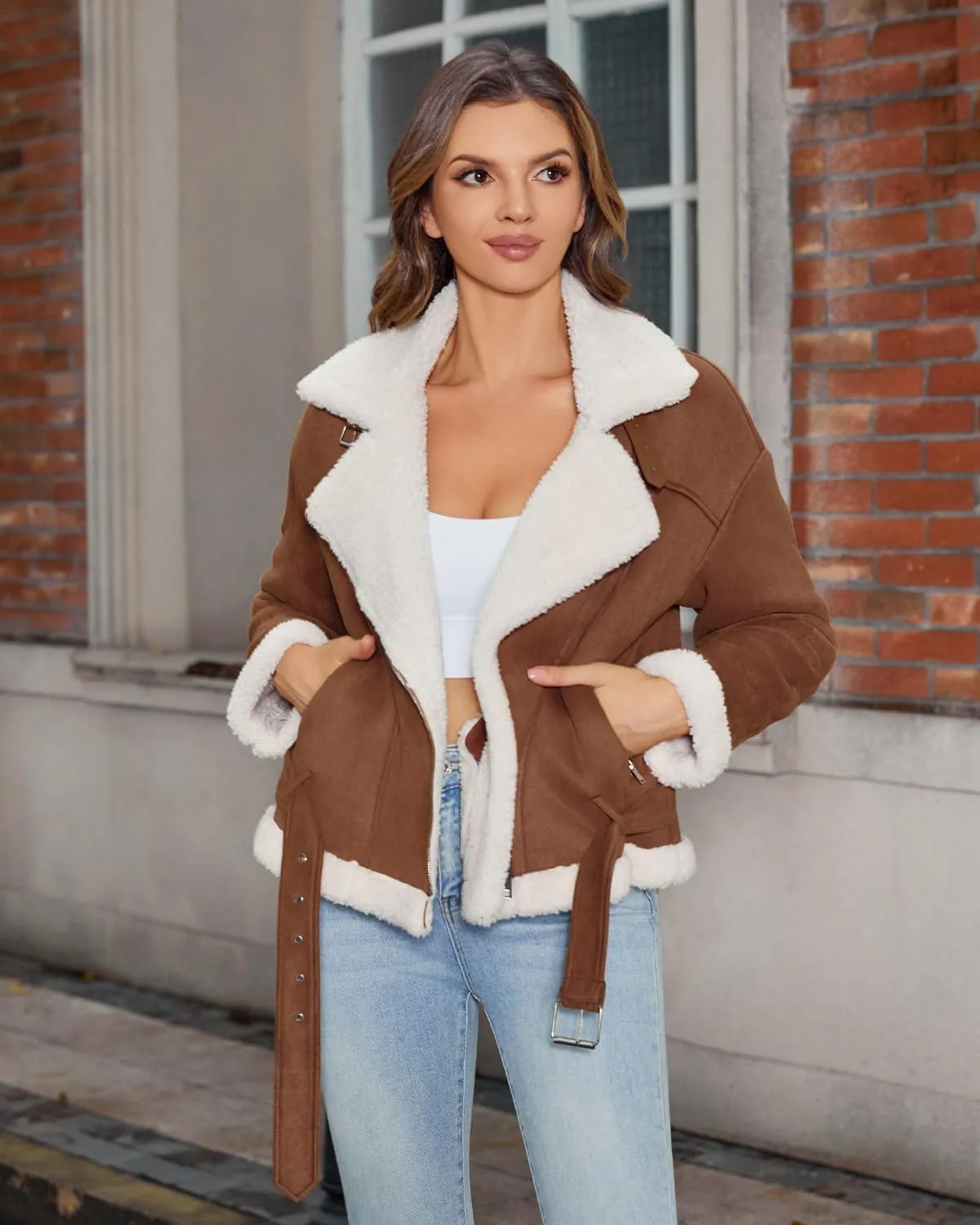 Women's Faux Shearing Moto Jacket Thick Fur Lined Coat Sherpa Leather Jacket