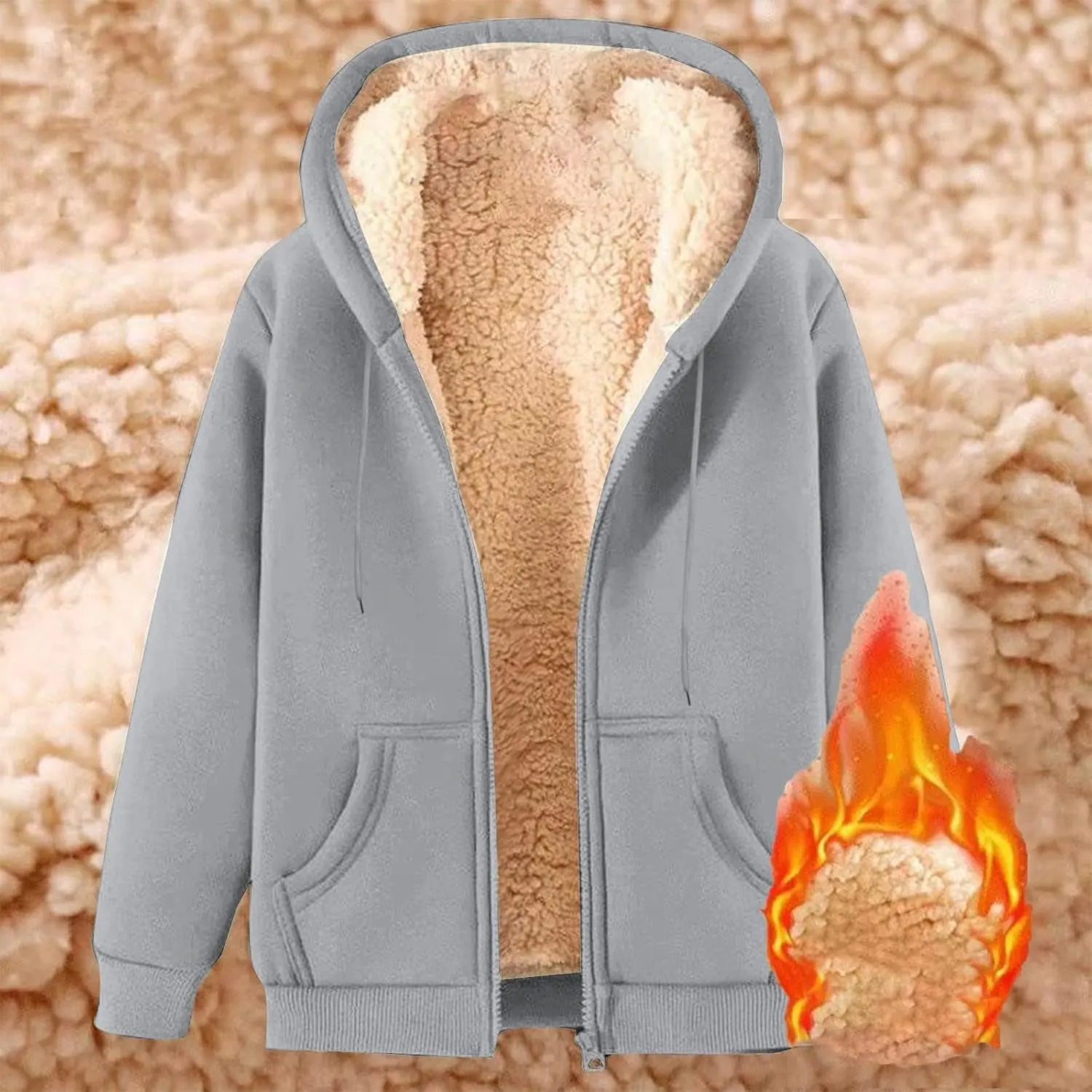 Womens Fleece Lined Jacket Full Zip Up Oversized Sherpa Hoodies Casual Warm Sweatshirt Jackets Winter Clothes