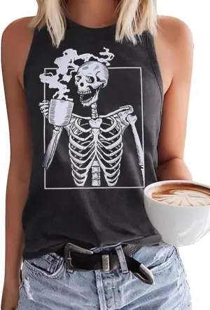 Womens Funny Skull Graphic Tank Tops Skeleton Funny Gothic Graphic Casual Sleeveless Shirts Novelty Horror Tee Tops