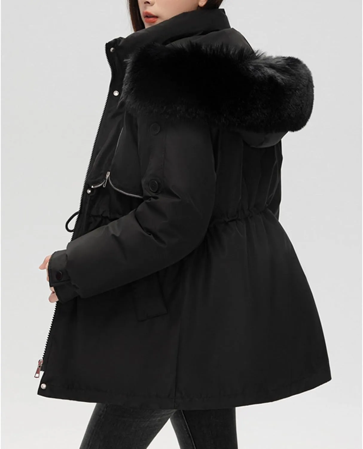 Women's Fur Hooded Puffer Jackets Winter Zip Up Casual Fashion Parka Coat Cotton Padded Outerwear