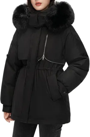 Women's Fur Hooded Puffer Jackets Winter Zip Up Casual Fashion Parka Coat Cotton Padded Outerwear