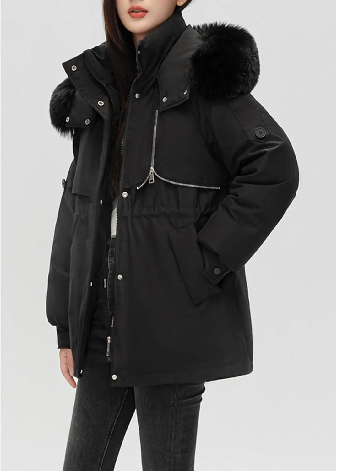Women's Fur Hooded Puffer Jackets Winter Zip Up Casual Fashion Parka Coat Cotton Padded Outerwear