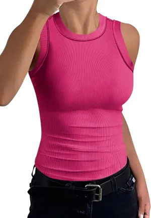 Womens High Neck Tank Tops Sleeveless Ribbed Exposed Seam Curved Hem Slim Fit Fashion Summer Top Shirts