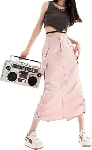Women's High Waist Cargo Maxi Skirt Ruched Drawstring Baggy Long Skirts