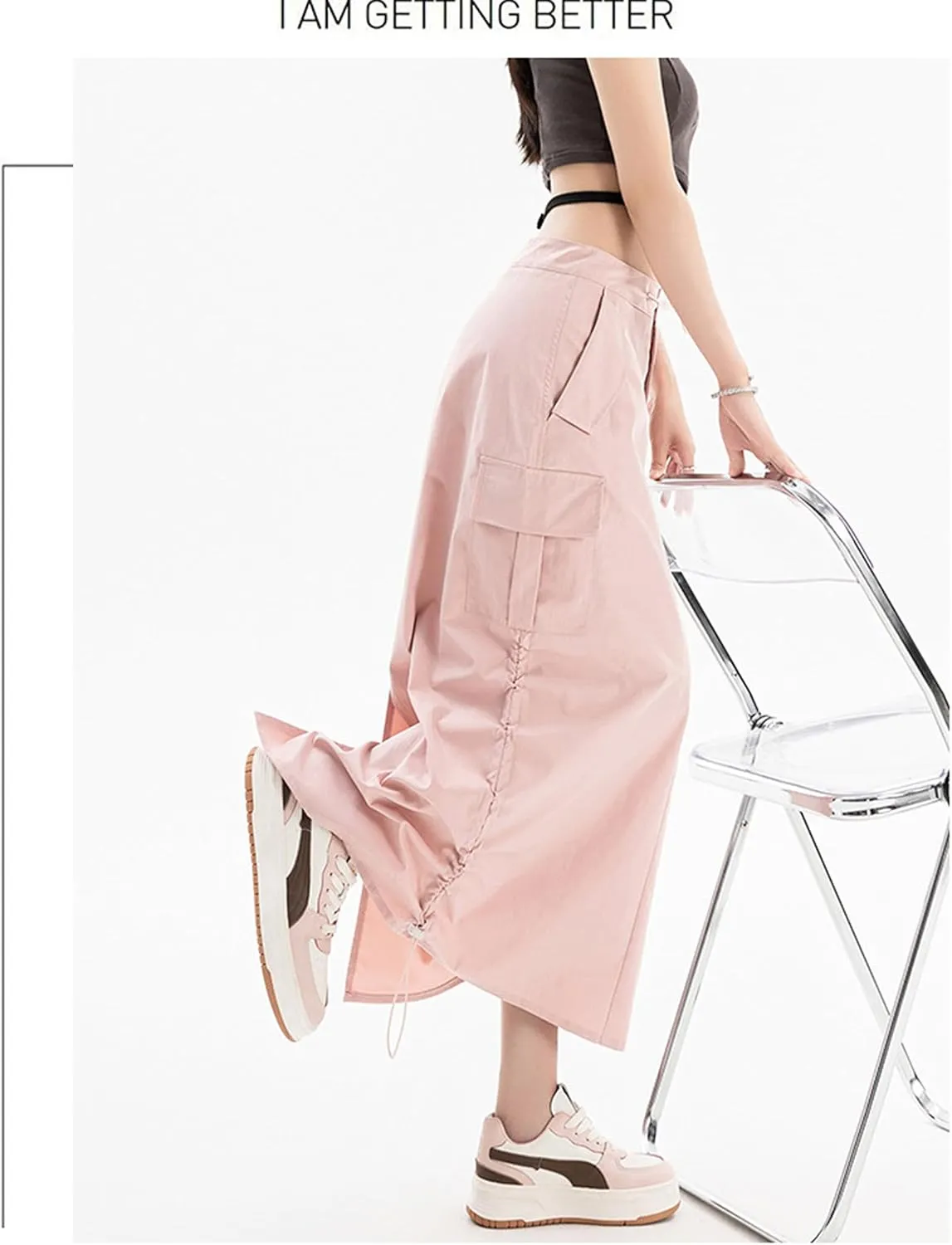 Women's High Waist Cargo Maxi Skirt Ruched Drawstring Baggy Long Skirts