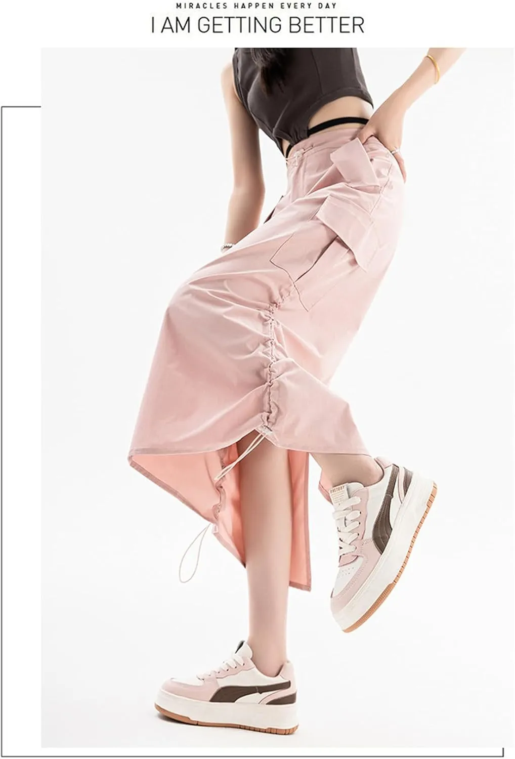 Women's High Waist Cargo Maxi Skirt Ruched Drawstring Baggy Long Skirts