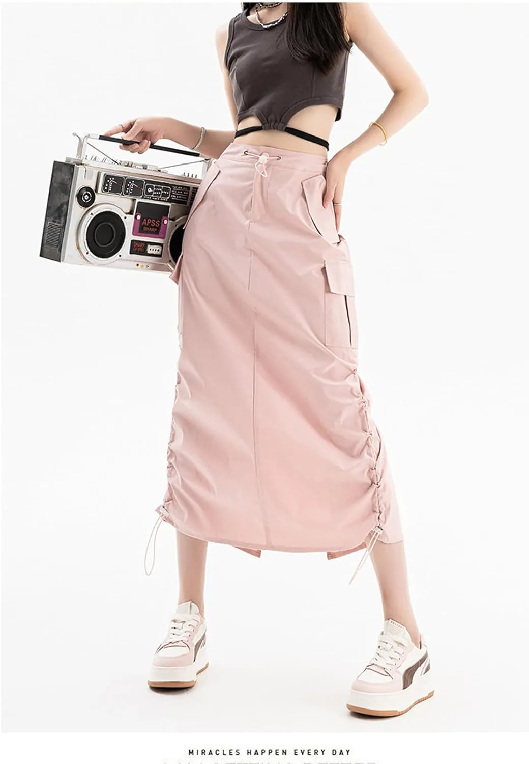 Women's High Waist Cargo Maxi Skirt Ruched Drawstring Baggy Long Skirts