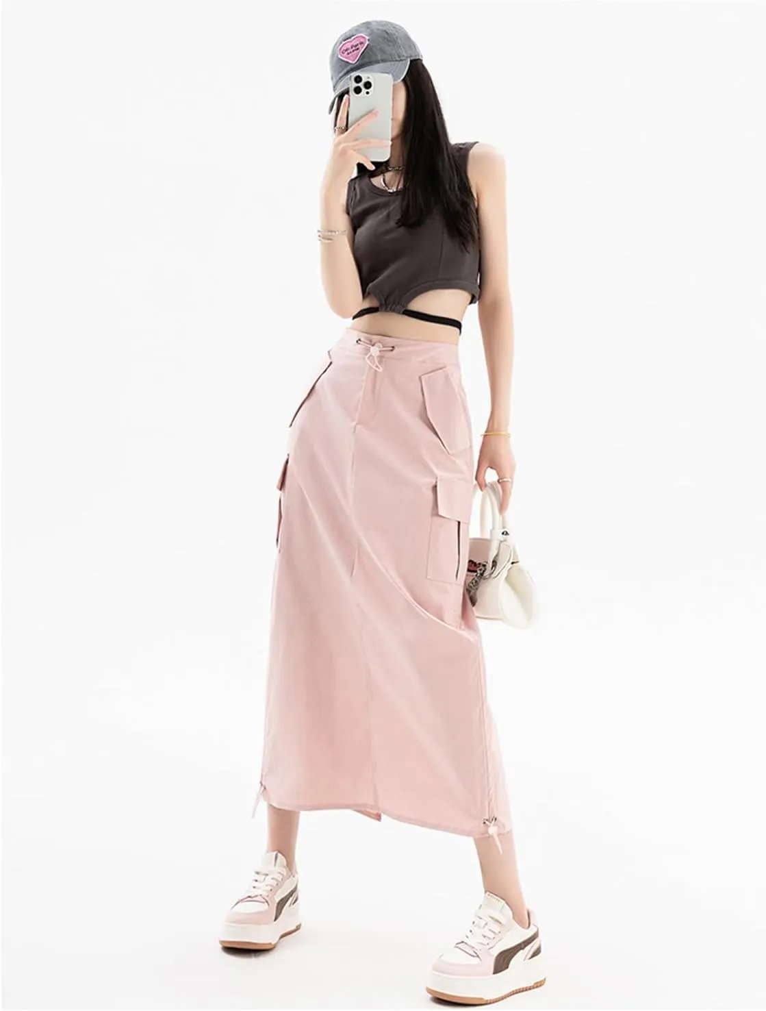 Women's High Waist Cargo Maxi Skirt Ruched Drawstring Baggy Long Skirts