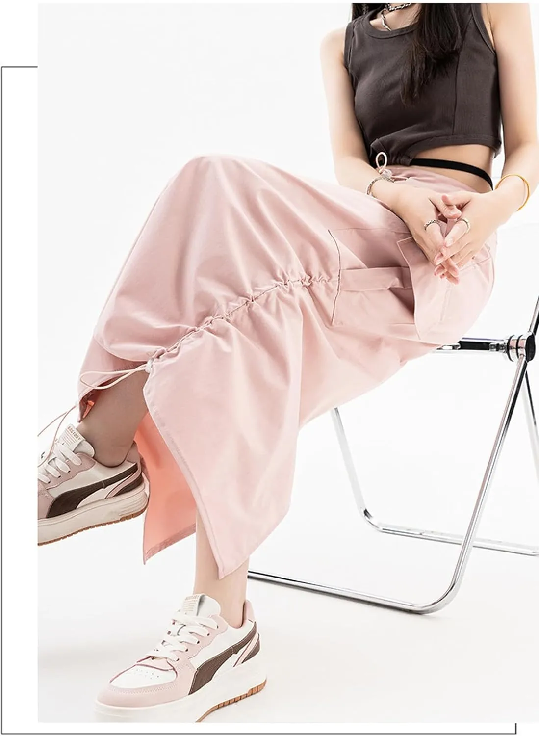 Women's High Waist Cargo Maxi Skirt Ruched Drawstring Baggy Long Skirts