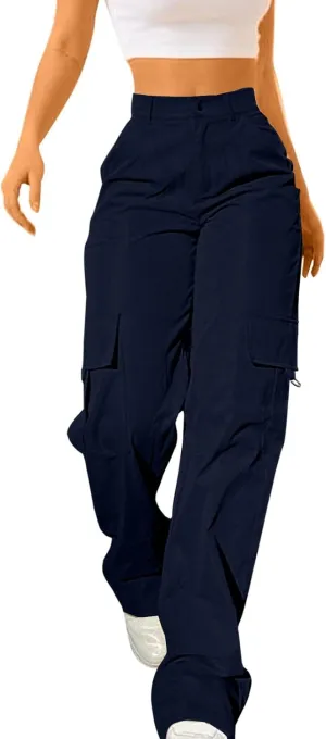 Womens High Waist Straight Leg Pants Solid Color Casual Trousers with Pockets 2024 Trendy Casual Cargo Joggers Pants