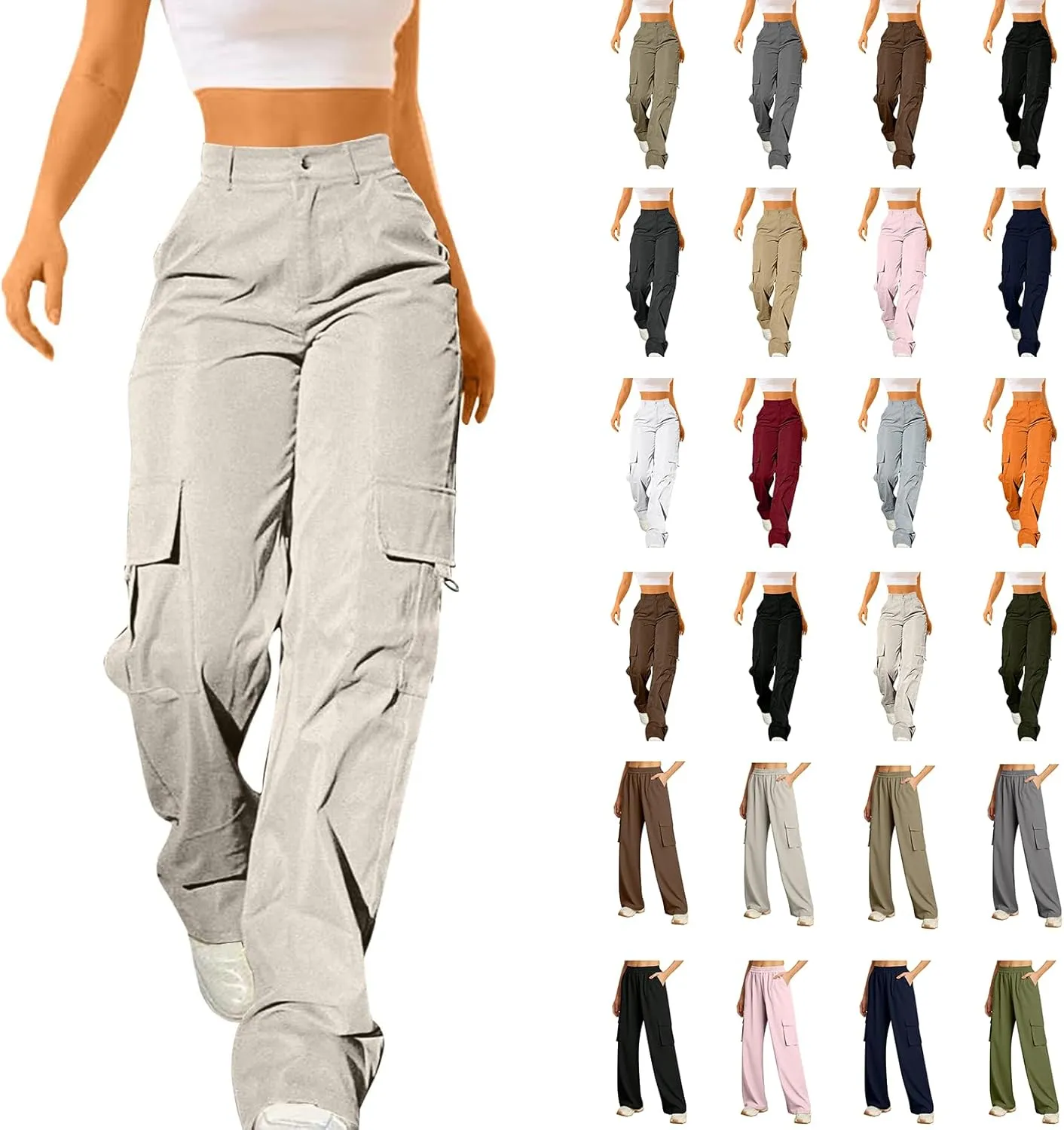 Womens High Waist Straight Leg Pants Solid Color Casual Trousers with Pockets 2024 Trendy Casual Cargo Joggers Pants