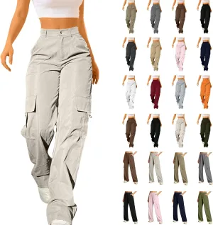 Womens High Waist Straight Leg Pants Solid Color Casual Trousers with Pockets 2024 Trendy Casual Cargo Joggers Pants