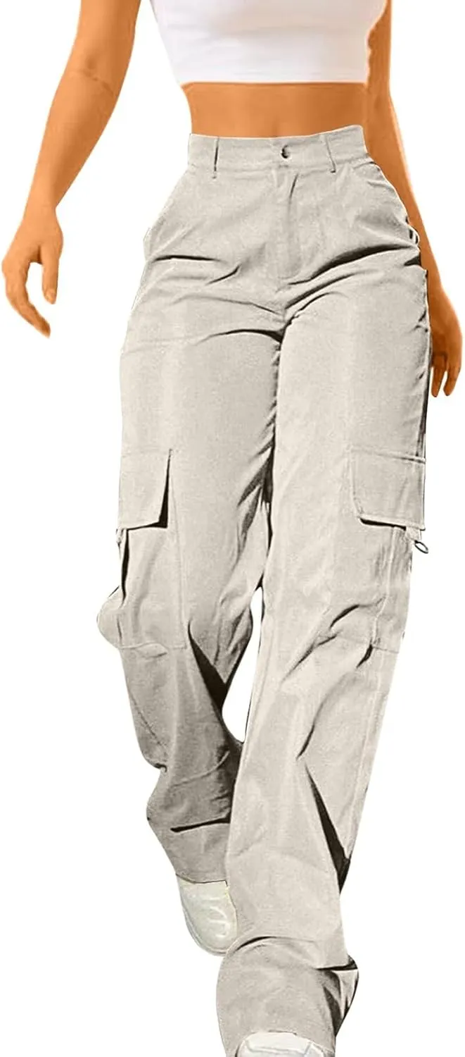Womens High Waist Straight Leg Pants Solid Color Casual Trousers with Pockets 2024 Trendy Casual Cargo Joggers Pants