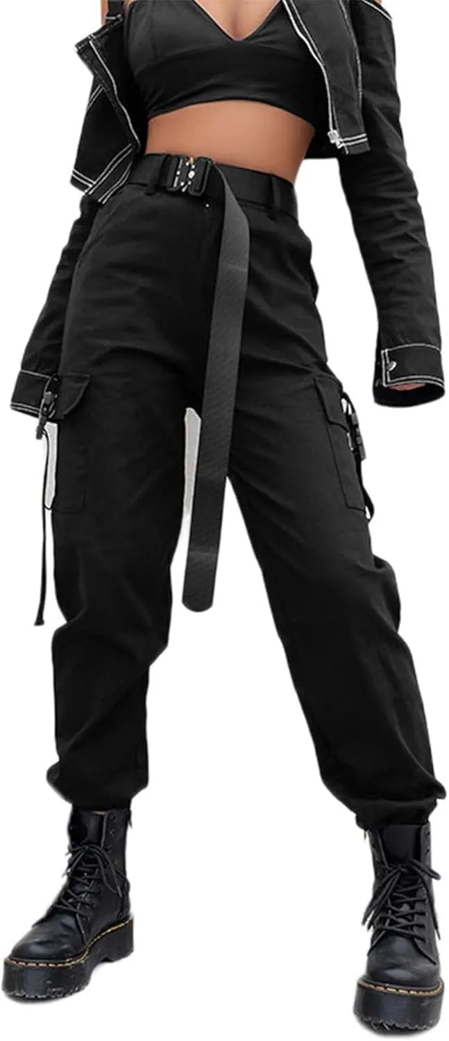 Womens High Waisted Black Cargo Pants with Pockets Baggy Solid Y2k Streetwear Pants