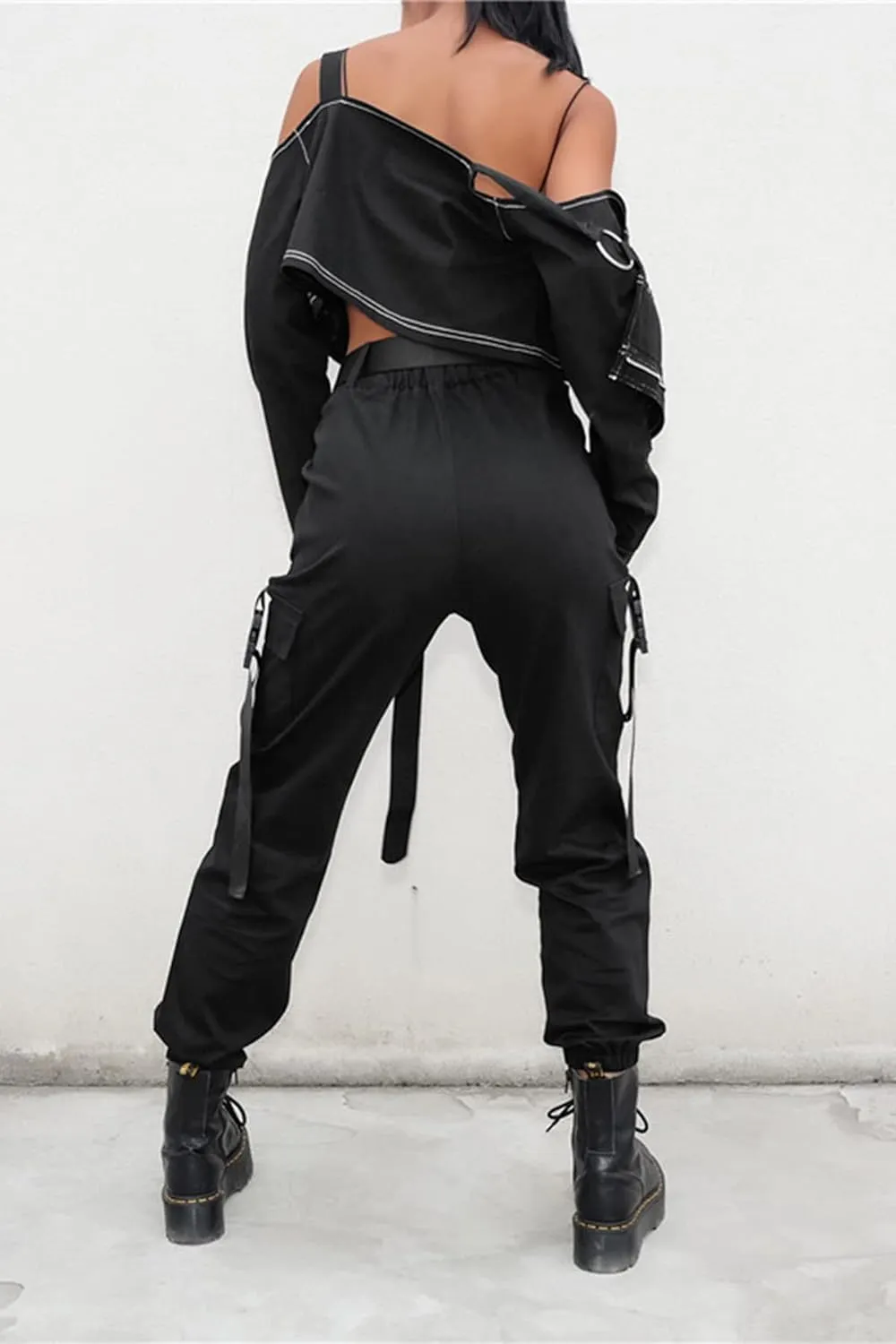 Womens High Waisted Black Cargo Pants with Pockets Baggy Solid Y2k Streetwear Pants