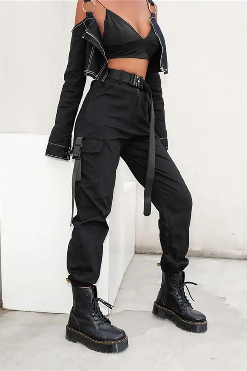Womens High Waisted Black Cargo Pants with Pockets Baggy Solid Y2k Streetwear Pants