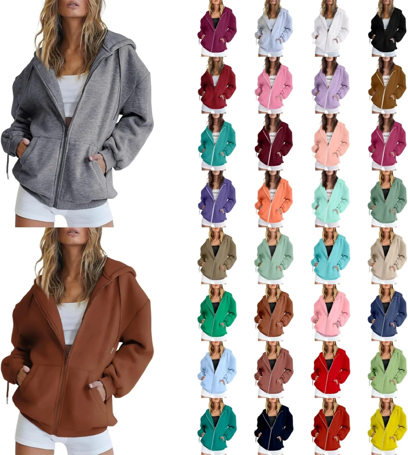 Women's Hoodies Full Zipper Hooded Sweatshirt Cute Fall Casual Oversized Drawstring Jackets with Pockets Winter Clothes