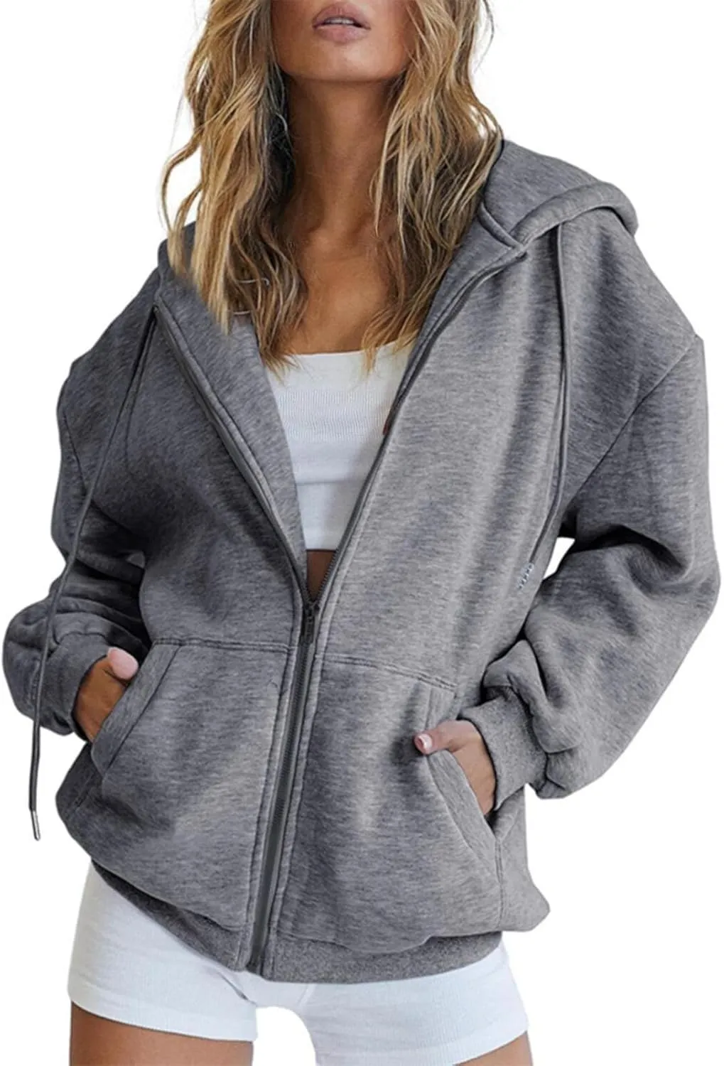 Women's Hoodies Full Zipper Hooded Sweatshirt Cute Fall Casual Oversized Drawstring Jackets with Pockets Winter Clothes