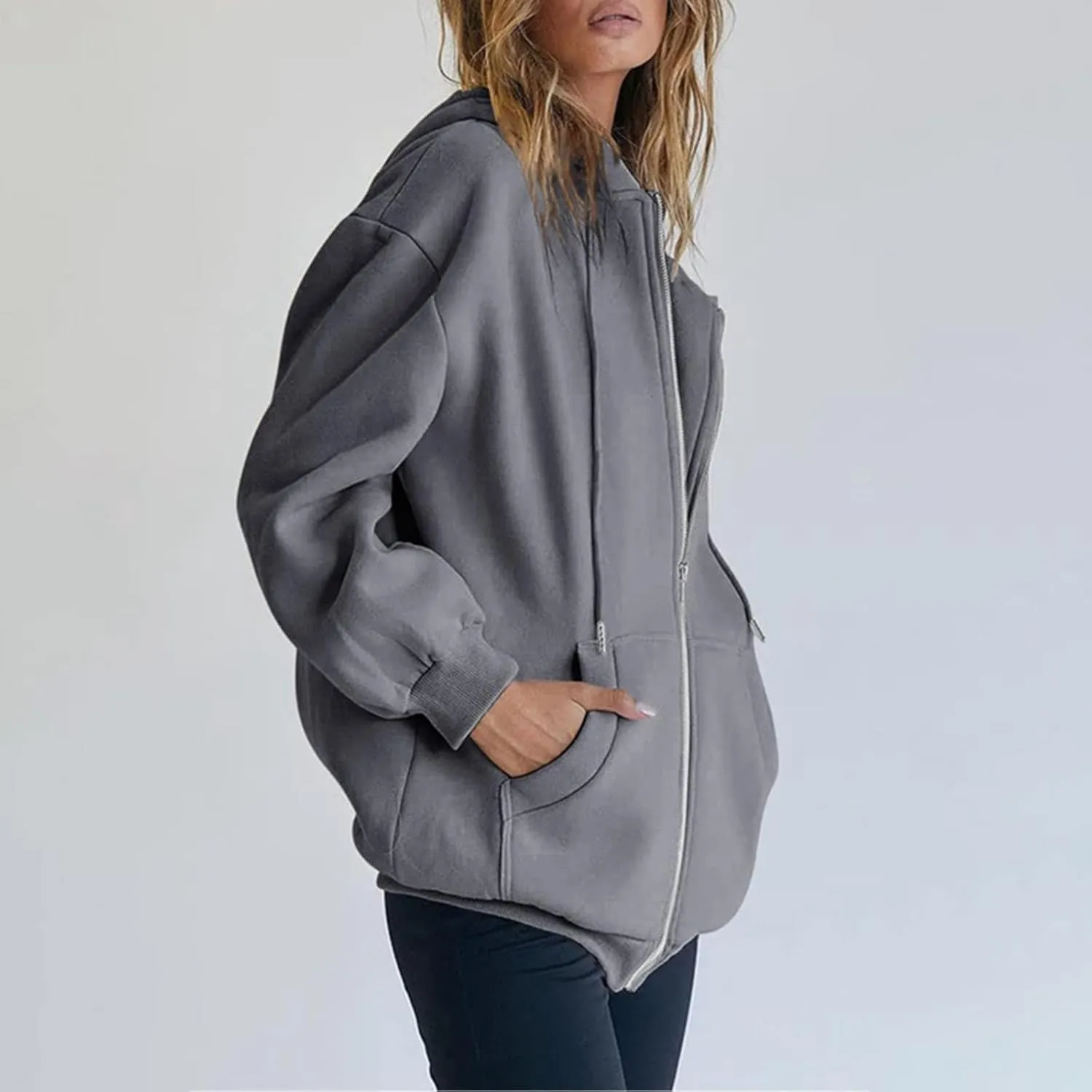 Women's Hoodies Full Zipper Hooded Sweatshirt Cute Fall Casual Oversized Drawstring Jackets with Pockets Winter Clothes