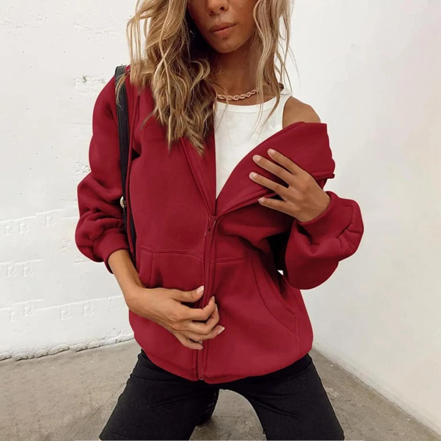 Women's Hoodies Full Zipper Hooded Sweatshirt Cute Fall Casual Oversized Drawstring Jackets with Pockets Winter Clothes