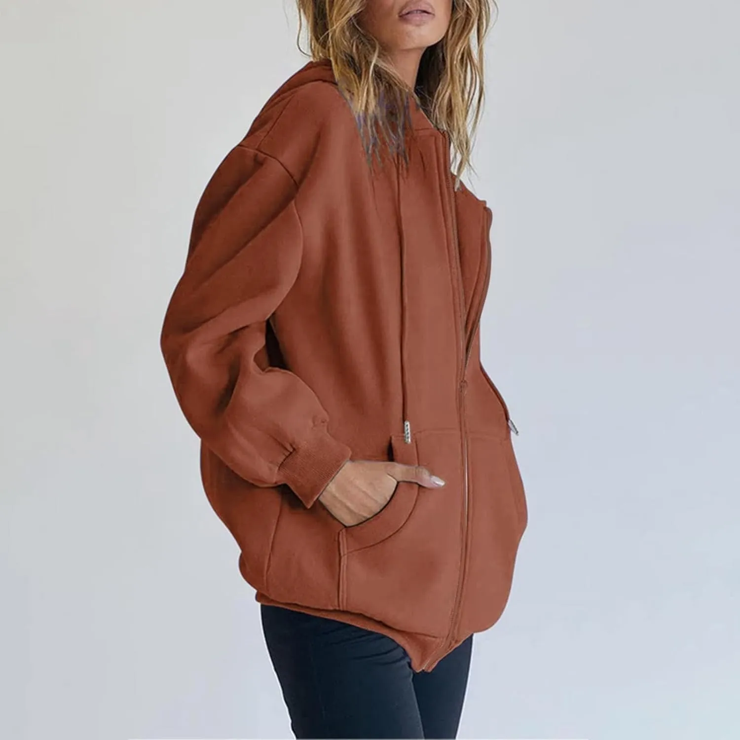 Women's Hoodies Full Zipper Hooded Sweatshirt Cute Fall Casual Oversized Drawstring Jackets with Pockets Winter Clothes