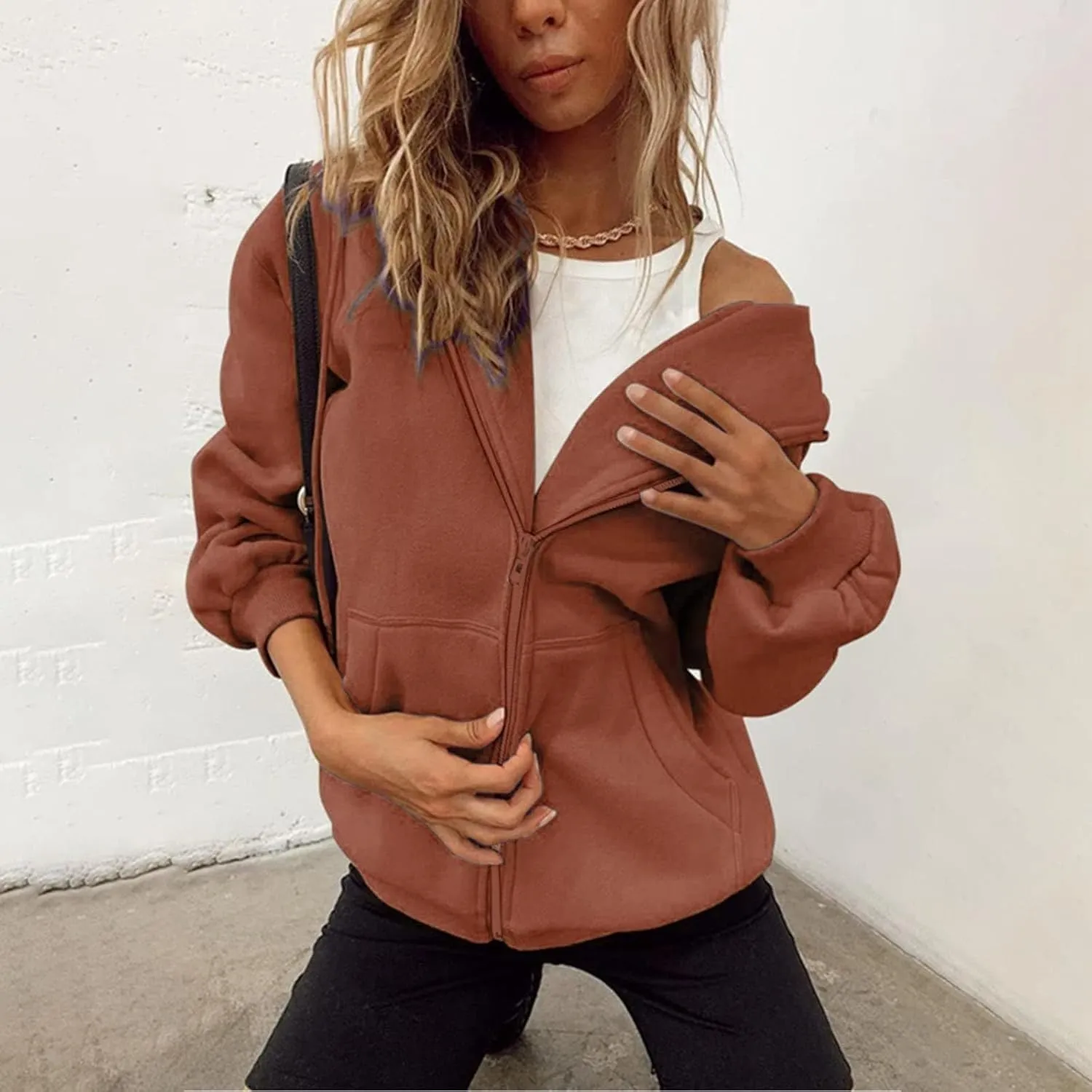 Women's Hoodies Full Zipper Hooded Sweatshirt Cute Fall Casual Oversized Drawstring Jackets with Pockets Winter Clothes
