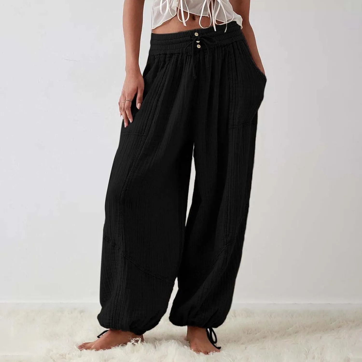 Women's Lightweight Oversized Baggy Pants Trendy High Waist Breathable Pleated Trouser Beach Playing Casual Sweatpant