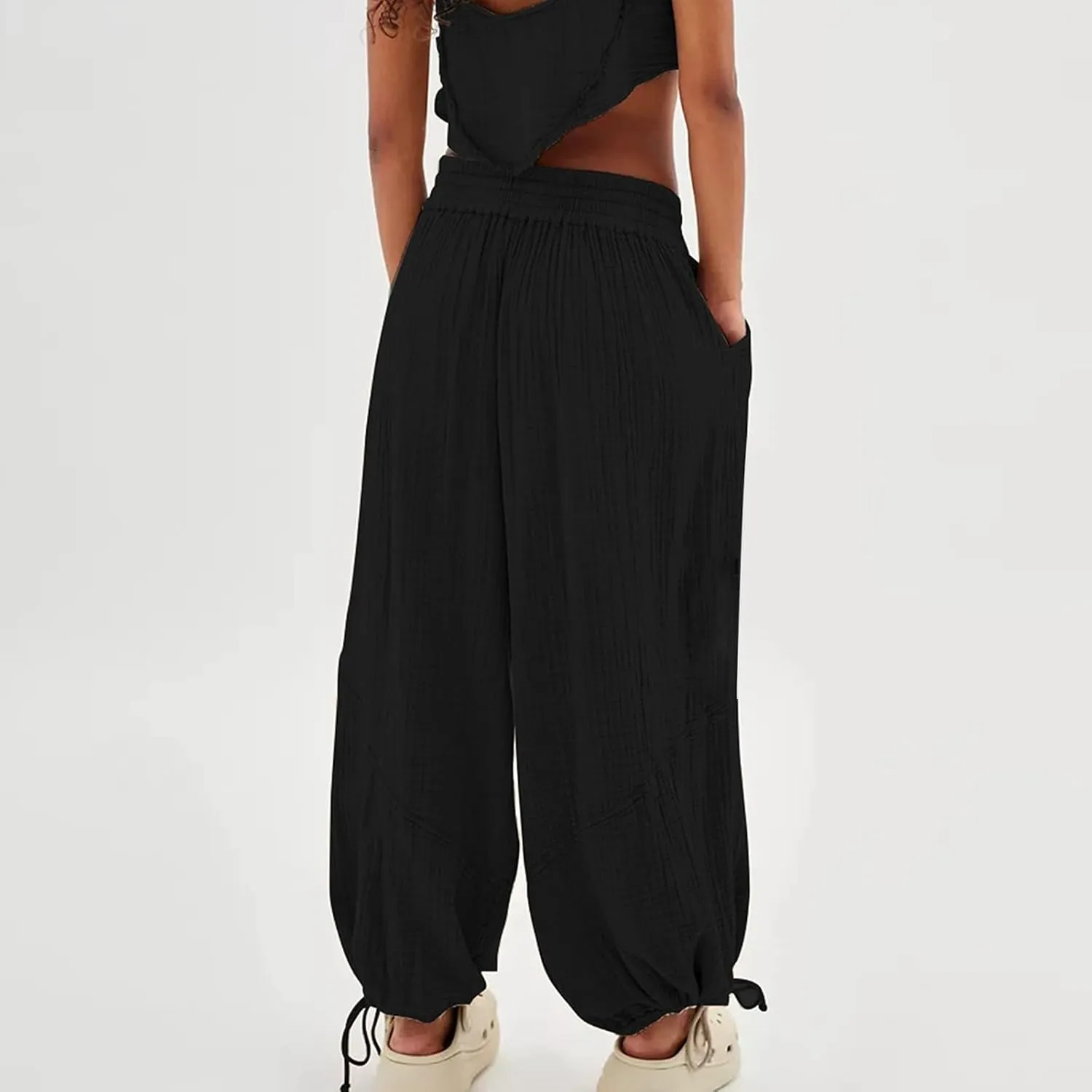 Women's Lightweight Oversized Baggy Pants Trendy High Waist Breathable Pleated Trouser Beach Playing Casual Sweatpant
