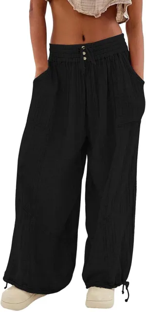 Women's Lightweight Oversized Baggy Pants Trendy High Waist Breathable Pleated Trouser Beach Playing Casual Sweatpant