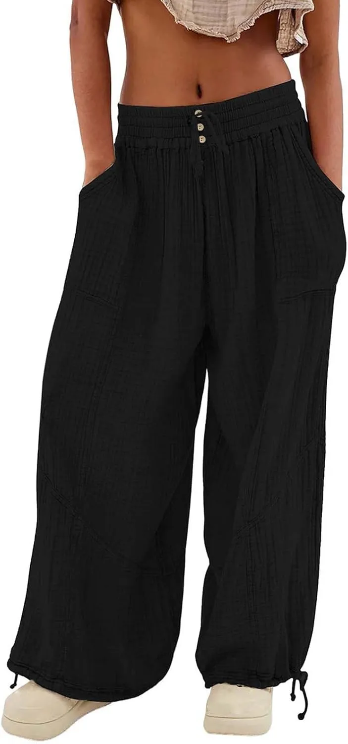 Women's Lightweight Oversized Baggy Pants Trendy High Waist Breathable Pleated Trouser Beach Playing Casual Sweatpant