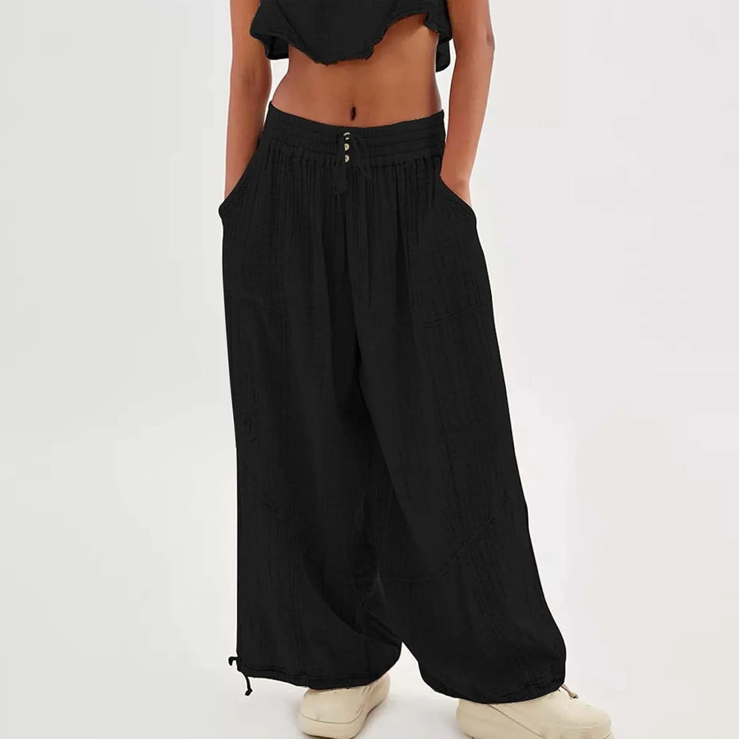 Women's Lightweight Oversized Baggy Pants Trendy High Waist Breathable Pleated Trouser Beach Playing Casual Sweatpant