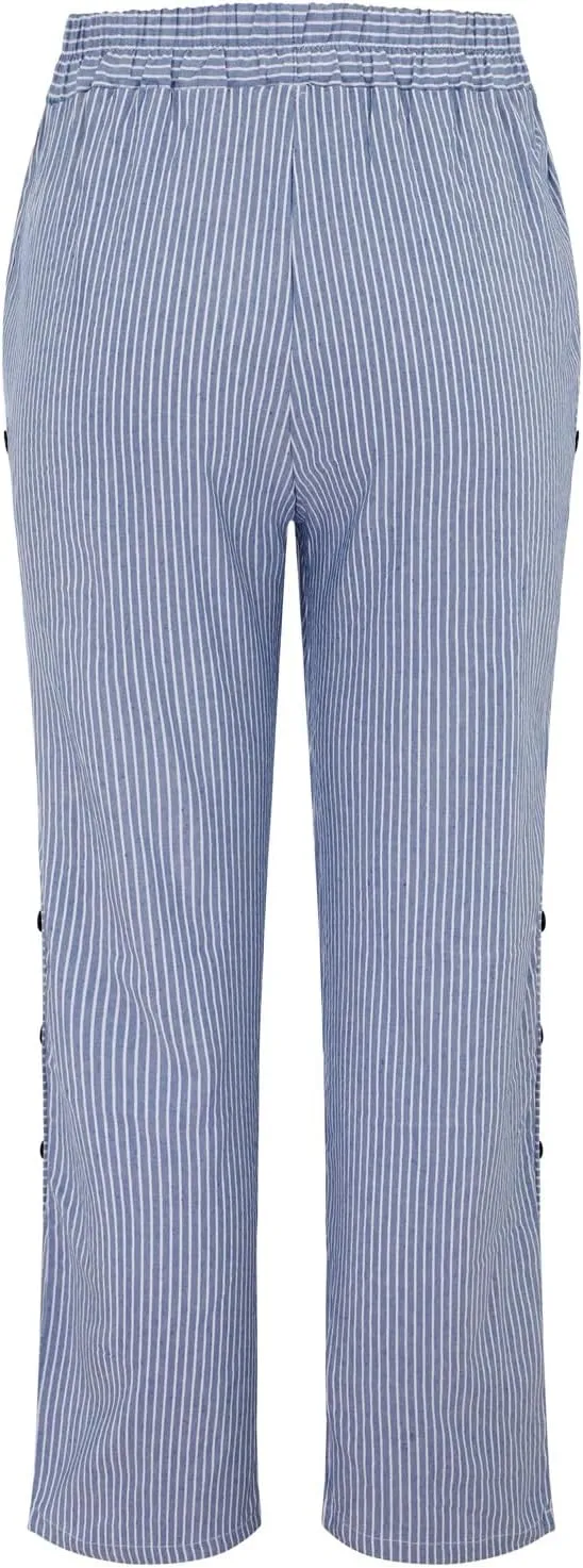 Womens Linen Pants with Pockets Loose Elastic High Waisted Comfy Beach Trousers Striped Side Button Casual Pants
