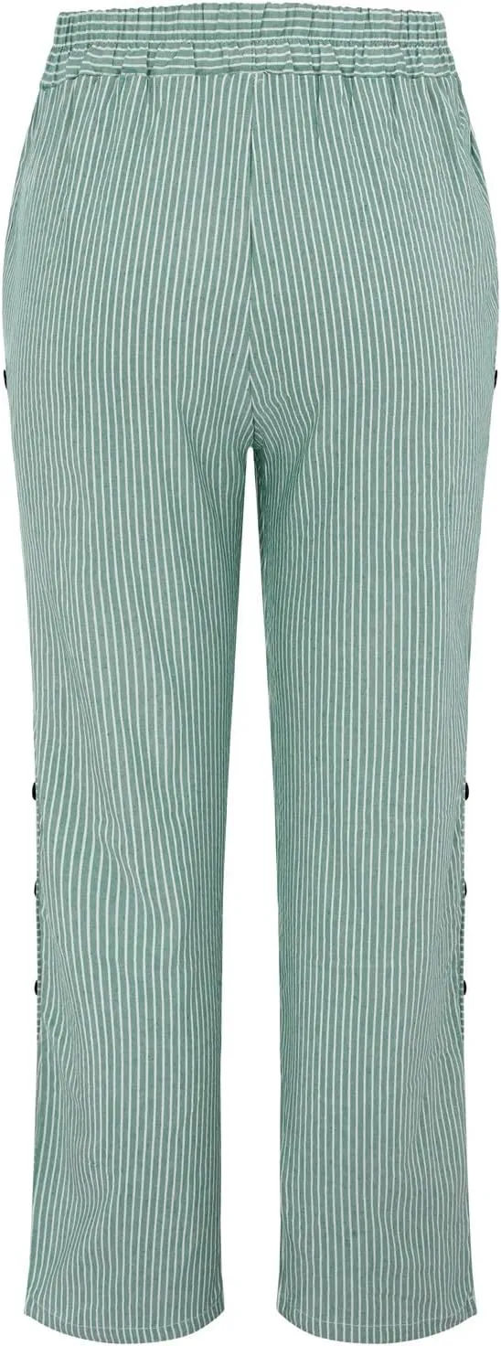 Womens Linen Pants with Pockets Loose Elastic High Waisted Comfy Beach Trousers Striped Side Button Casual Pants