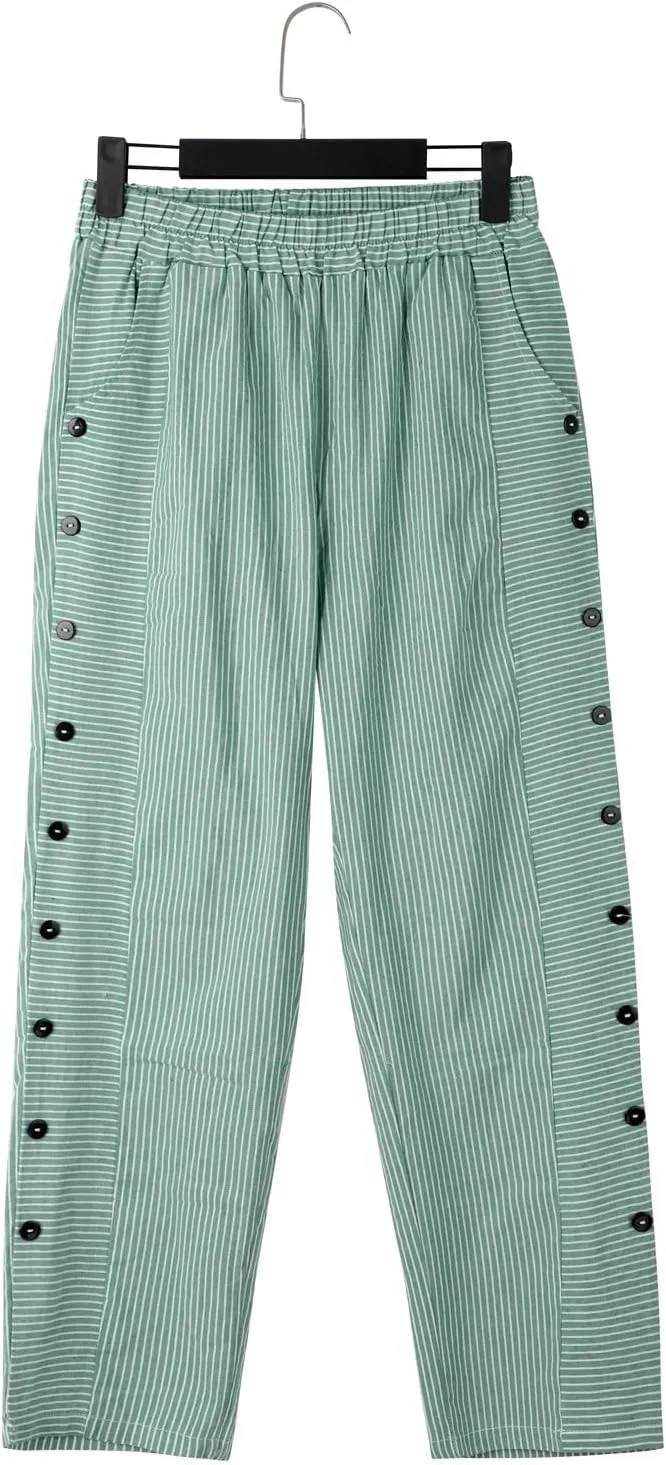 Womens Linen Pants with Pockets Loose Elastic High Waisted Comfy Beach Trousers Striped Side Button Casual Pants