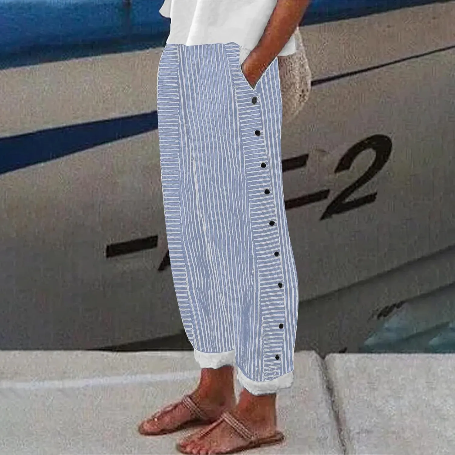 Womens Linen Pants with Pockets Loose Elastic High Waisted Comfy Beach Trousers Striped Side Button Casual Pants