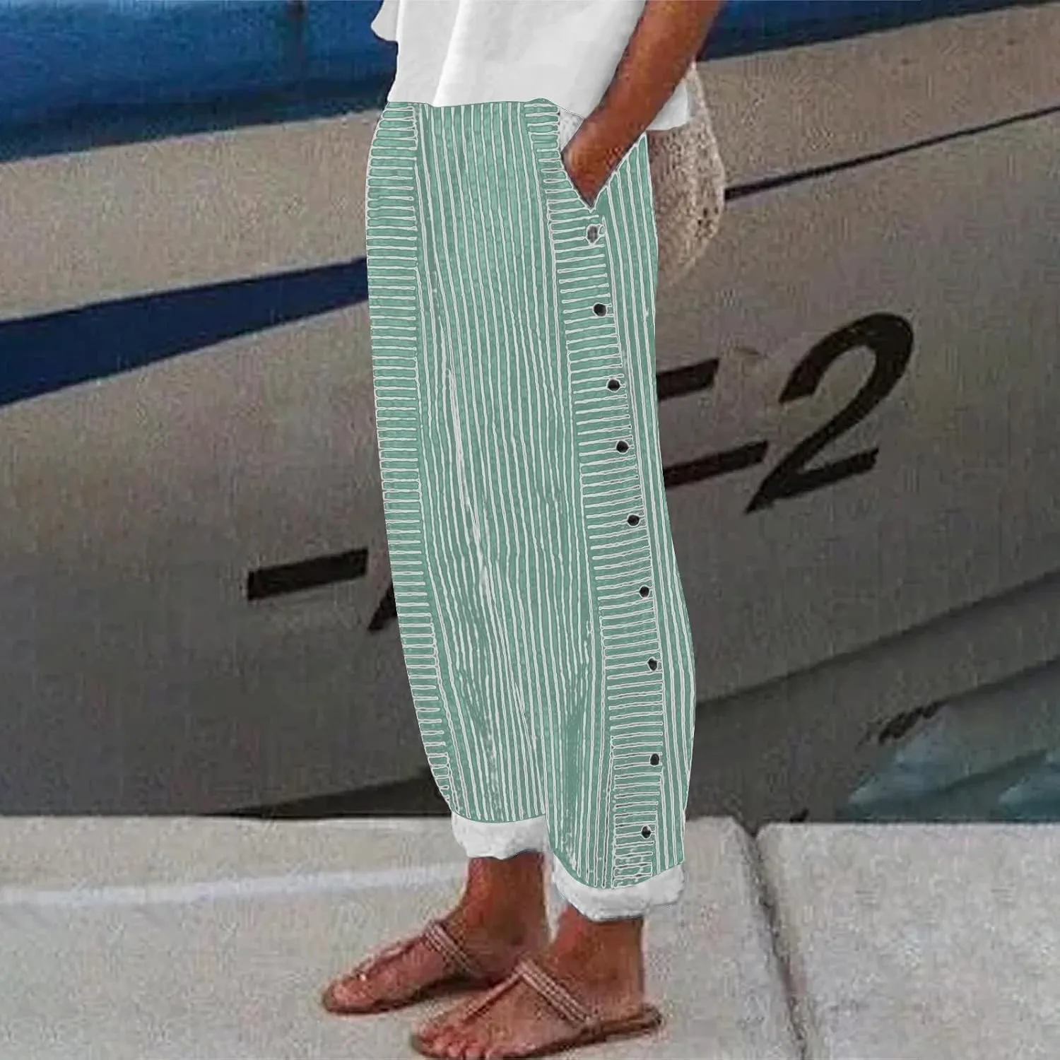 Womens Linen Pants with Pockets Loose Elastic High Waisted Comfy Beach Trousers Striped Side Button Casual Pants
