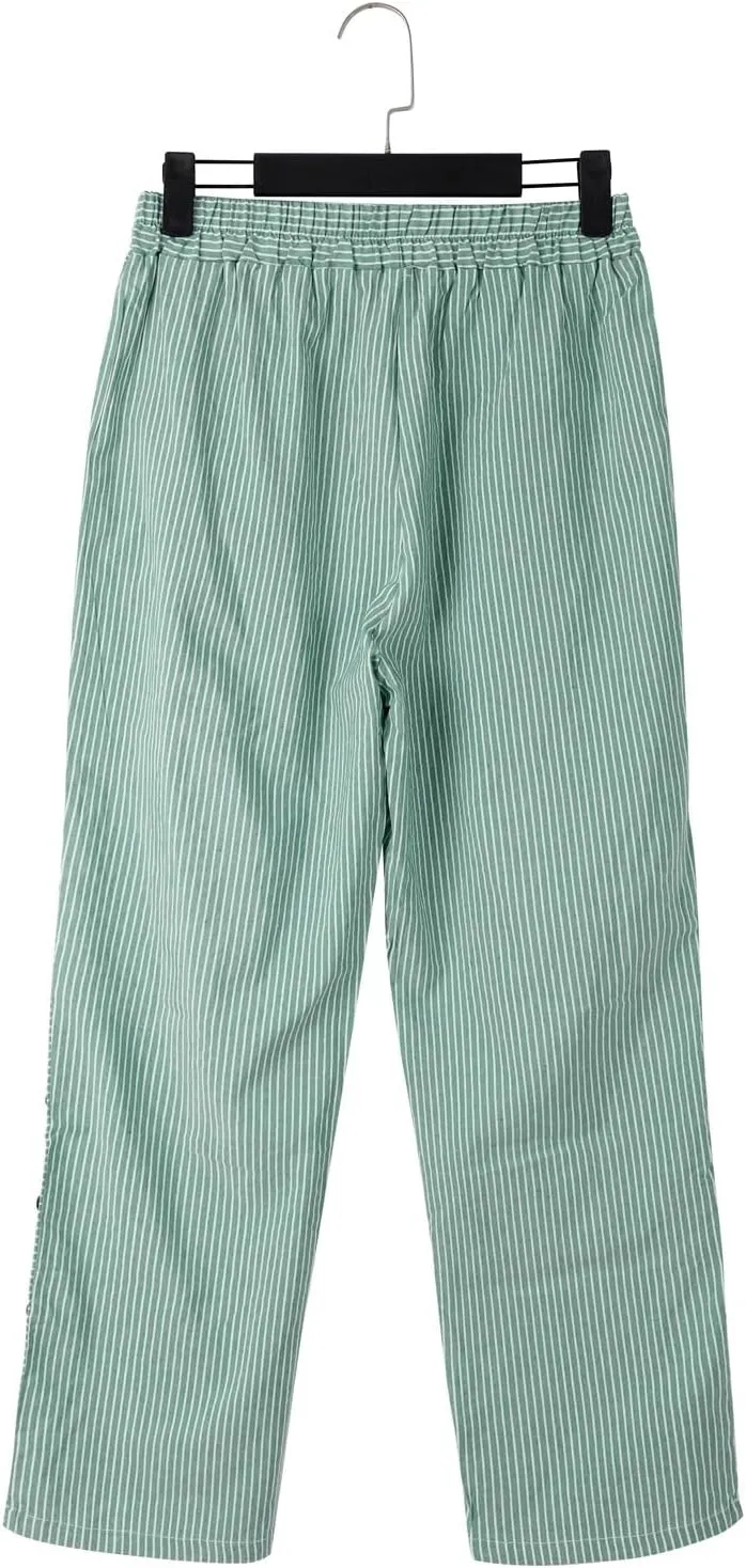 Womens Linen Pants with Pockets Loose Elastic High Waisted Comfy Beach Trousers Striped Side Button Casual Pants