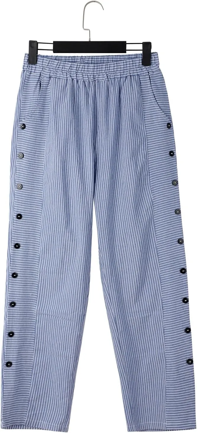 Womens Linen Pants with Pockets Loose Elastic High Waisted Comfy Beach Trousers Striped Side Button Casual Pants