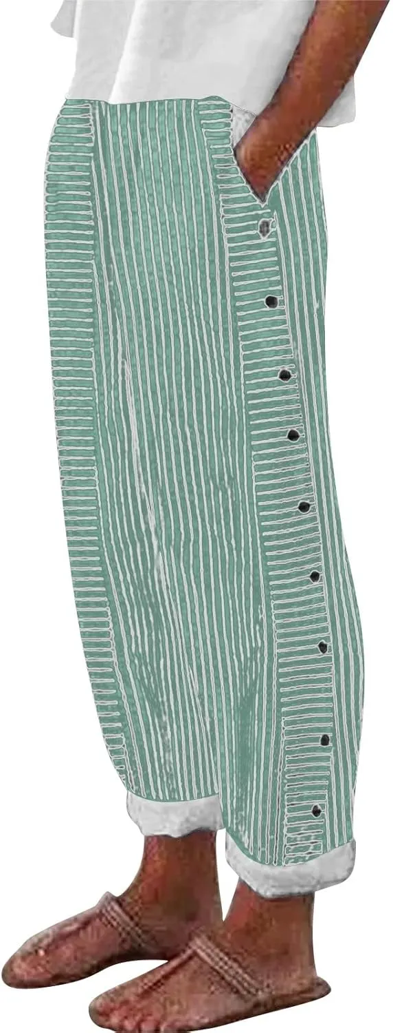 Womens Linen Pants with Pockets Loose Elastic High Waisted Comfy Beach Trousers Striped Side Button Casual Pants