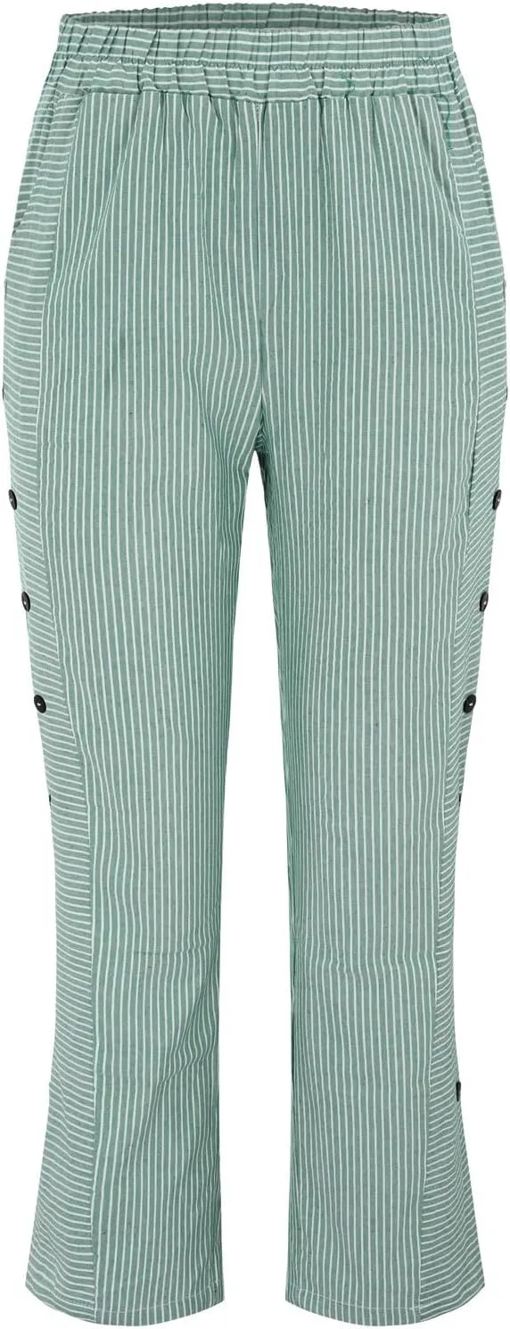 Womens Linen Pants with Pockets Loose Elastic High Waisted Comfy Beach Trousers Striped Side Button Casual Pants