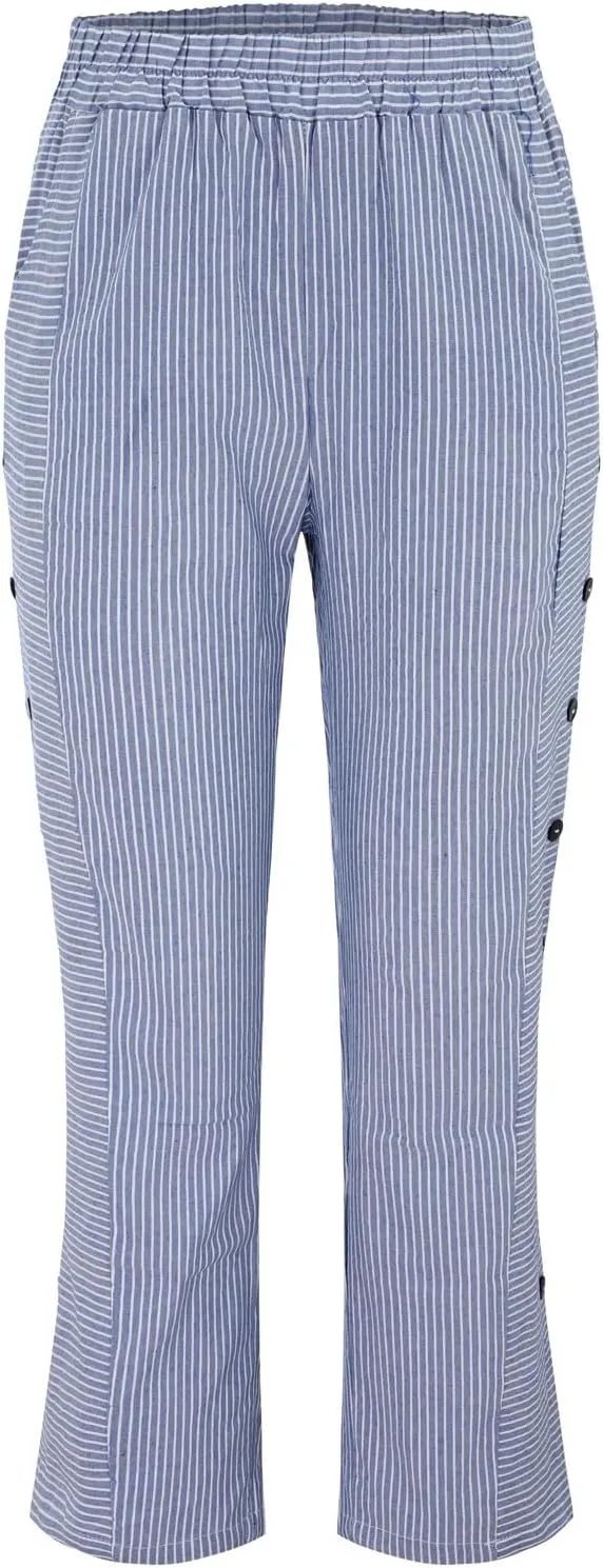 Womens Linen Pants with Pockets Loose Elastic High Waisted Comfy Beach Trousers Striped Side Button Casual Pants