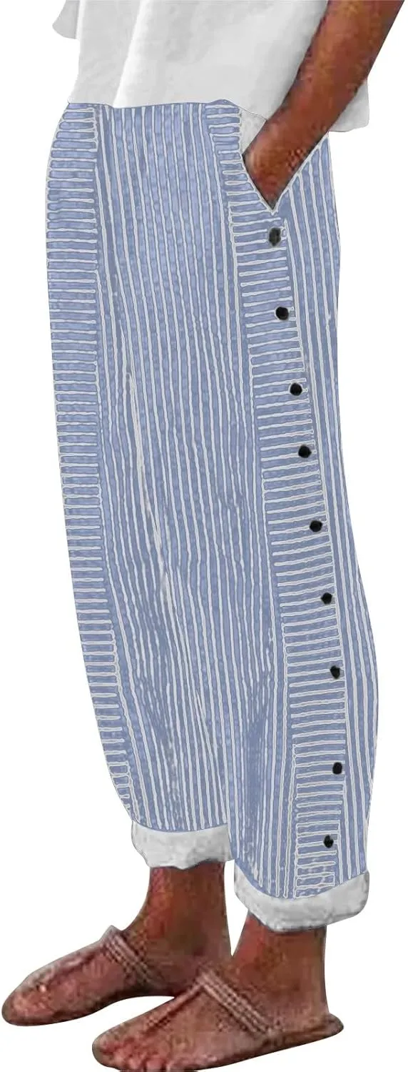 Womens Linen Pants with Pockets Loose Elastic High Waisted Comfy Beach Trousers Striped Side Button Casual Pants