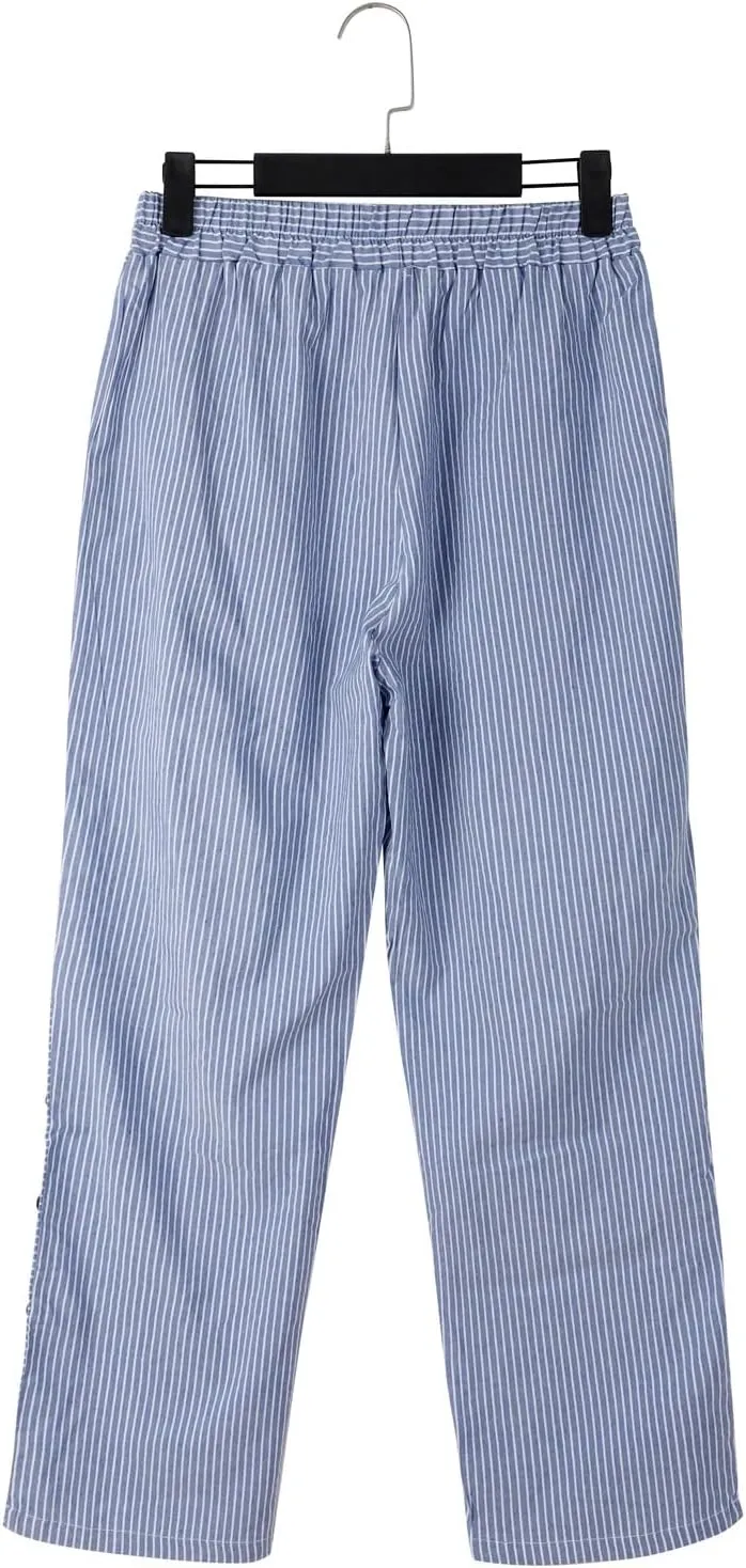 Womens Linen Pants with Pockets Loose Elastic High Waisted Comfy Beach Trousers Striped Side Button Casual Pants