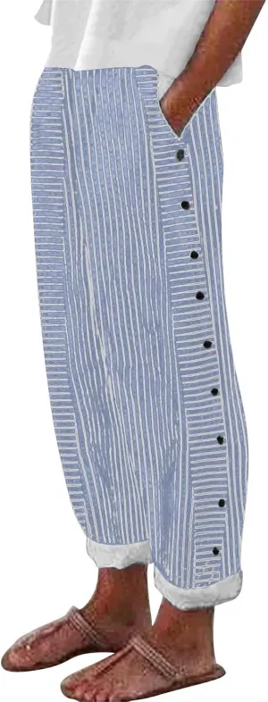 Womens Linen Pants with Pockets Loose Elastic High Waisted Comfy Beach Trousers Striped Side Button Casual Pants