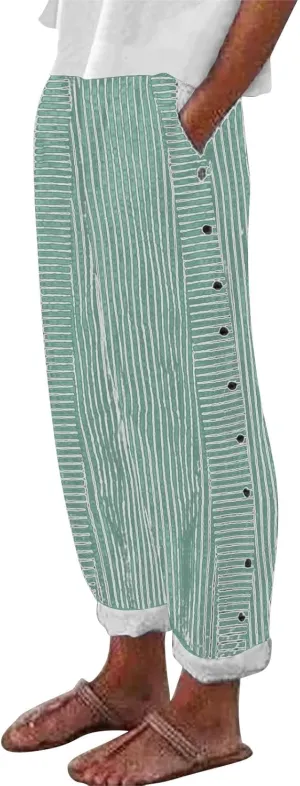 Womens Linen Pants with Pockets Loose Elastic High Waisted Comfy Beach Trousers Striped Side Button Casual Pants